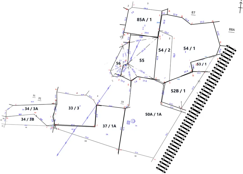 FMB sketch joining 12 survey numbers — 85A/1, 54/1, 54/2, 55, 56, 53/1, 52B/1, 50A/1A, 33/3, 34/3A, 34/3B and 37/1A — in Chengalpattu district, with the boundary lines and distances matching straight across every join, alongside the railway line and neighbouring survey numbers 87, 88A and 31.