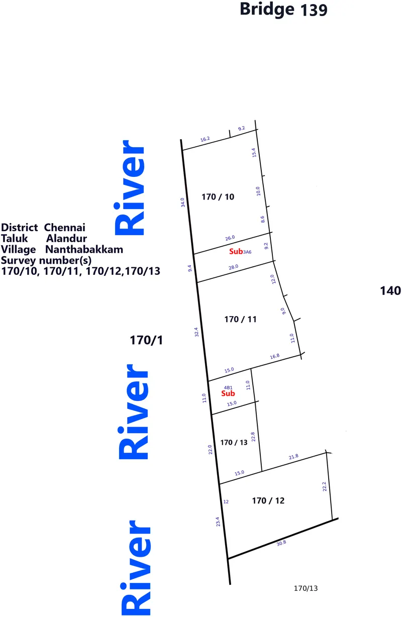 FMB sketch joining survey numbers 170/10, 170/11, 170/12 and 170/13 in Nanthabakkam village, Alandur taluk, Chennai district, bounded by the river, with subdivisions 3A6 and 4B1 marked and the boundary lines matching straight across every join.