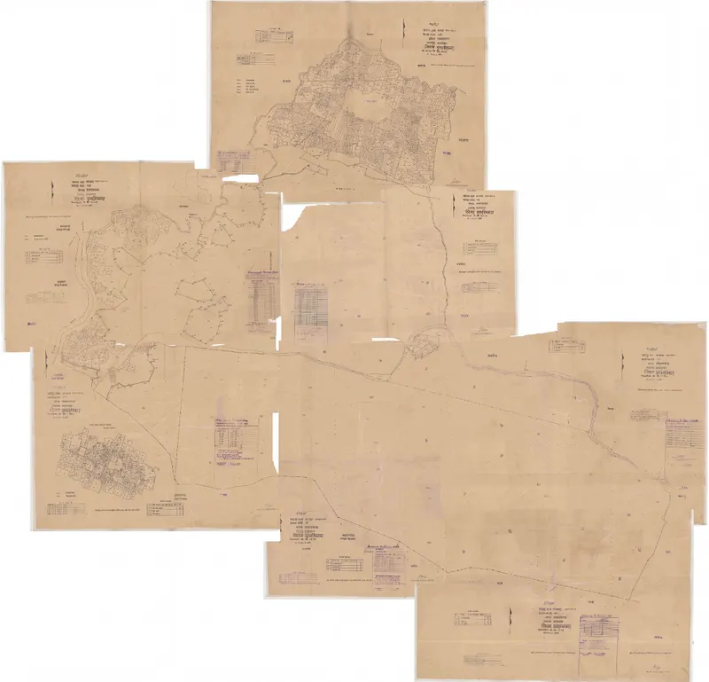 Six Salgi mouza map sheets from Barkagaon, Hazaribagh, joined into one continuous village map: the boundary closes across all six and the stream, road and plot lines run straight through every join.