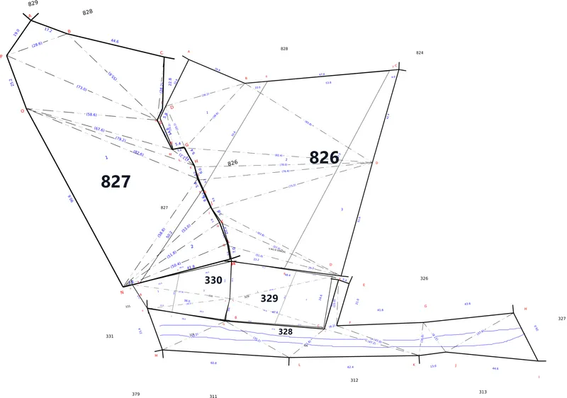 Six FMB sketch sheets of Vangal village, Tiruchirappalli district, joined into one continuous survey map covering survey numbers 826, 827, 328, 329, 330 and 331, with the boundary lines and measurements matching straight across every join.