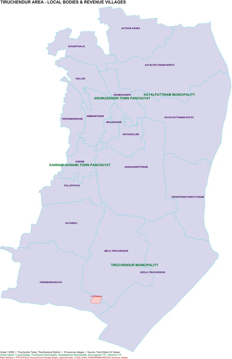 Revenue village boundary map of Tiruchendur taluk, Thoothukkudi district, showing all 18 villages including Paramankuruchi, Arumuganeri, Kayalpattanam and Tiruchendur Municipality, with the Pitchivilai area traced and marked inside Paramankuruchi village.
