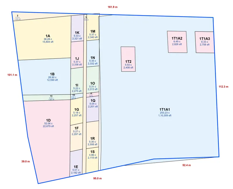 Ten FMB subdivision sketches joined into one continuous survey map in Annur taluk, Coimbatore district, Tamil Nadu, with survey boundaries and measurements aligned across each join.